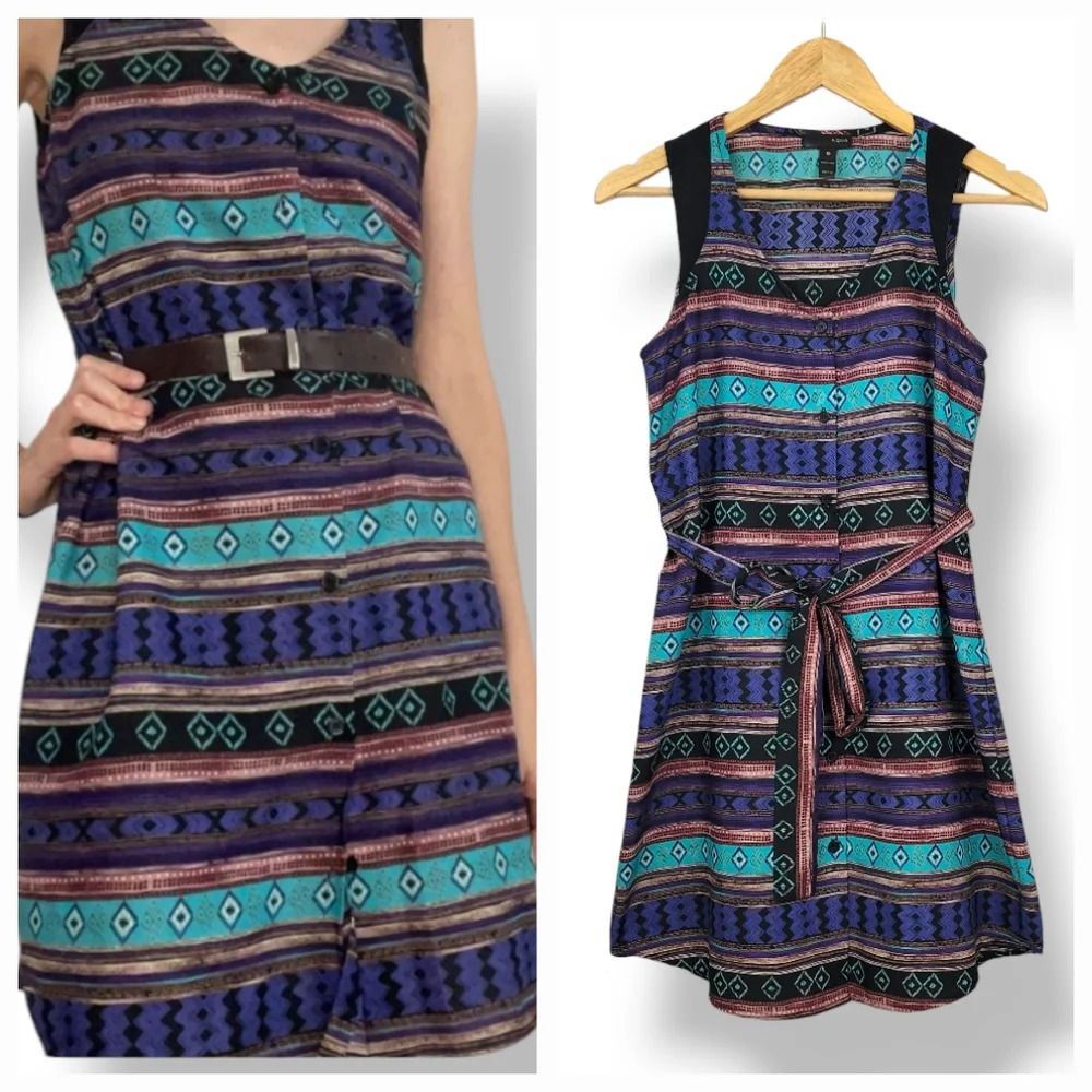 NEW Aqua Southwestern Striped Sleeveless Button Down Belted Shirt Dress Size Med